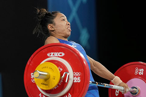 Mirabai Chanu Saikhom competes during the women's 49kg weightlifting 